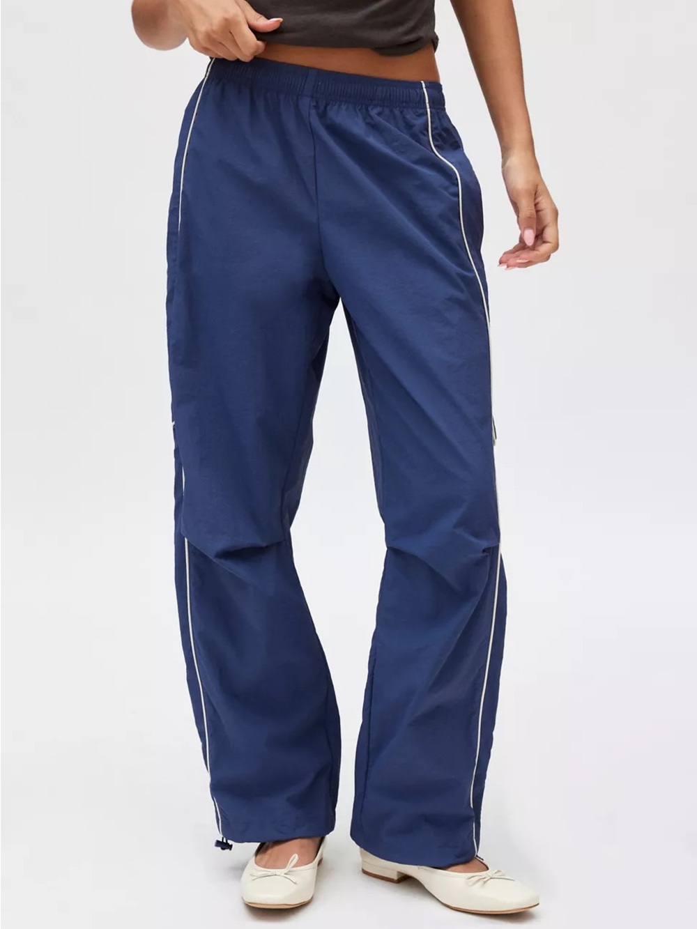 BDG Jess Nylon Straight Leg Track Pants Navy Cream Piping NWT